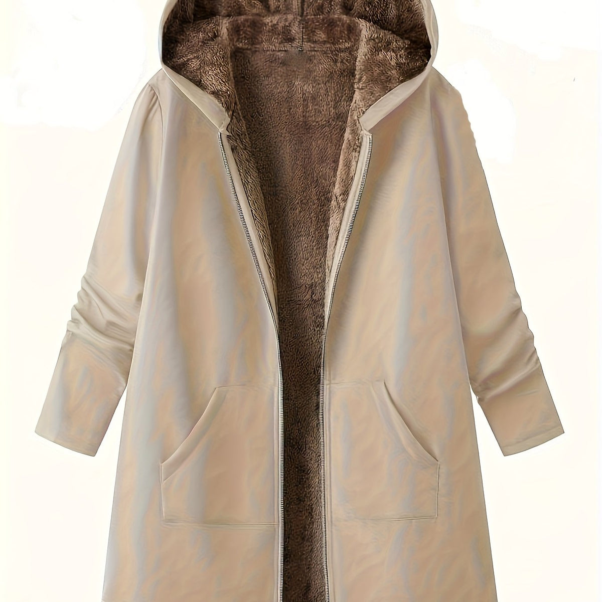 Women's Plush Lined Longline Hooded Zip Coat - Khaki