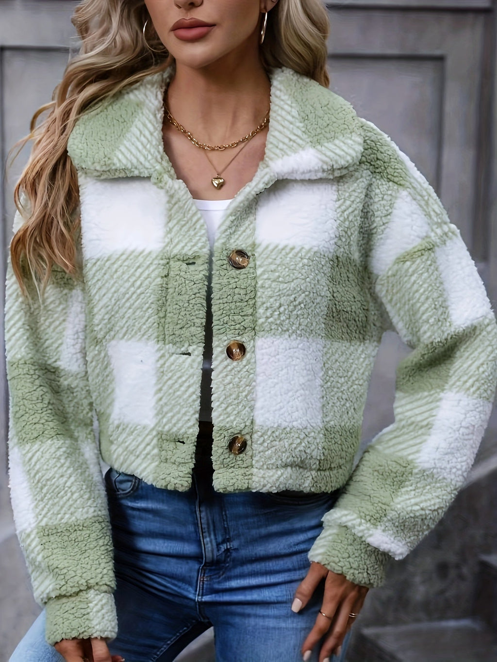 Women's Cropped Plaid Button-Front Jacket