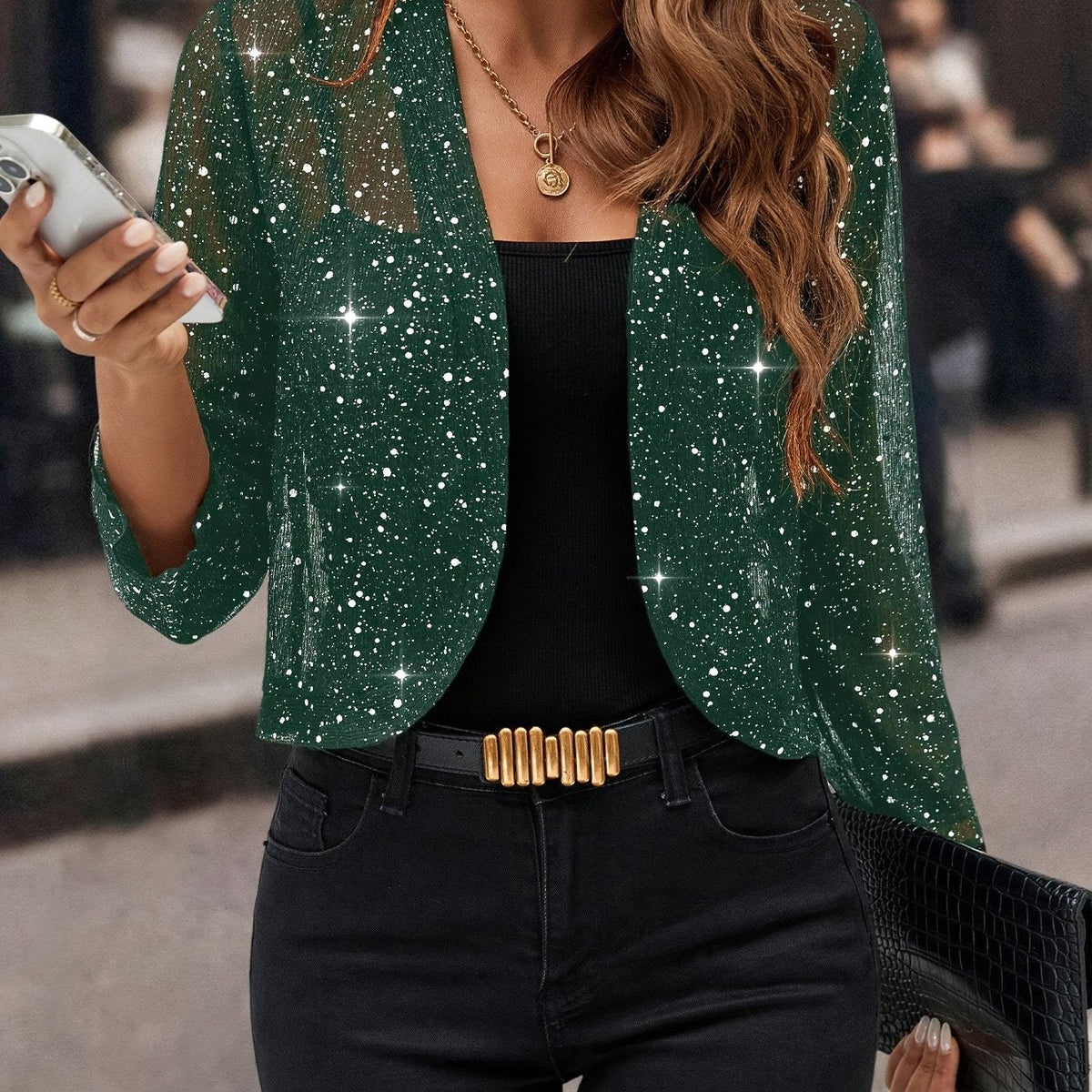 Women's Shimmer Cropped Open-Front Jacket - Green