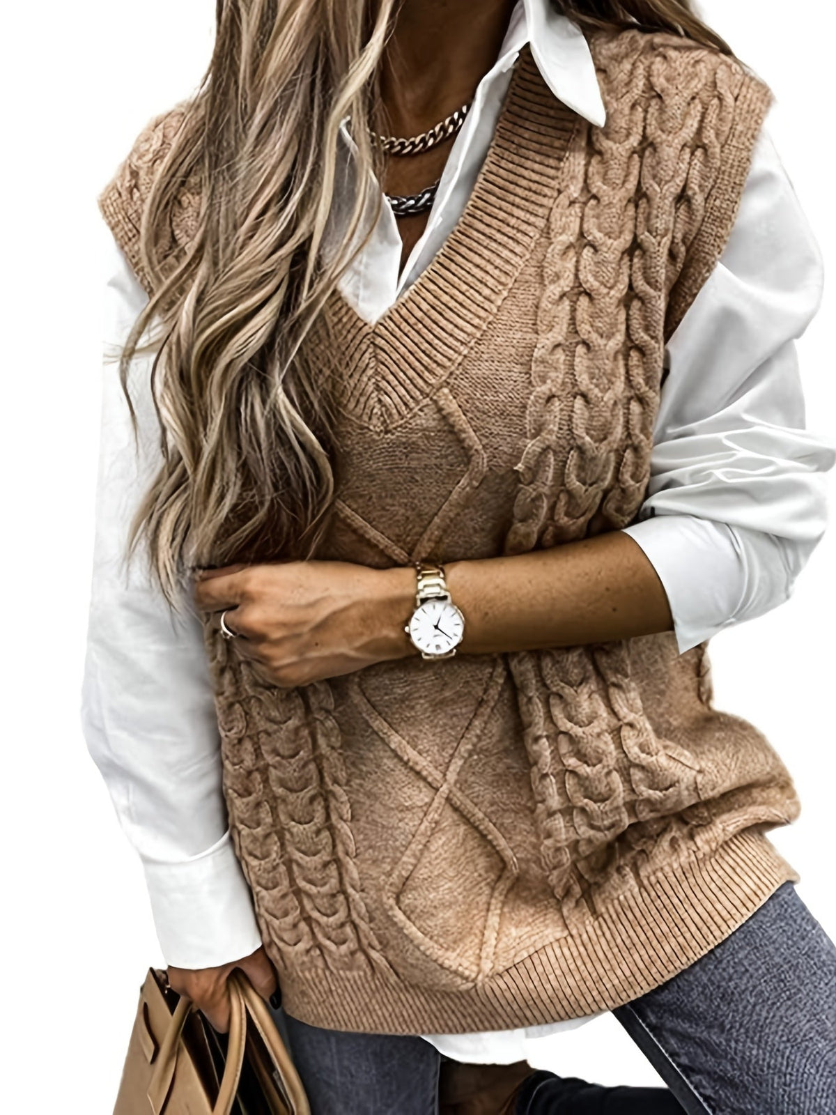 Women's Cable-Knit V-Neck Sweater Vest