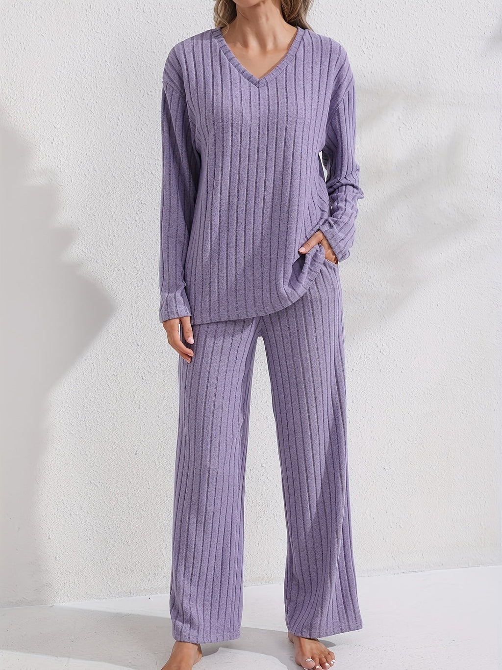 Women's Ribbed V-Neck Top and Relaxed Pants Set