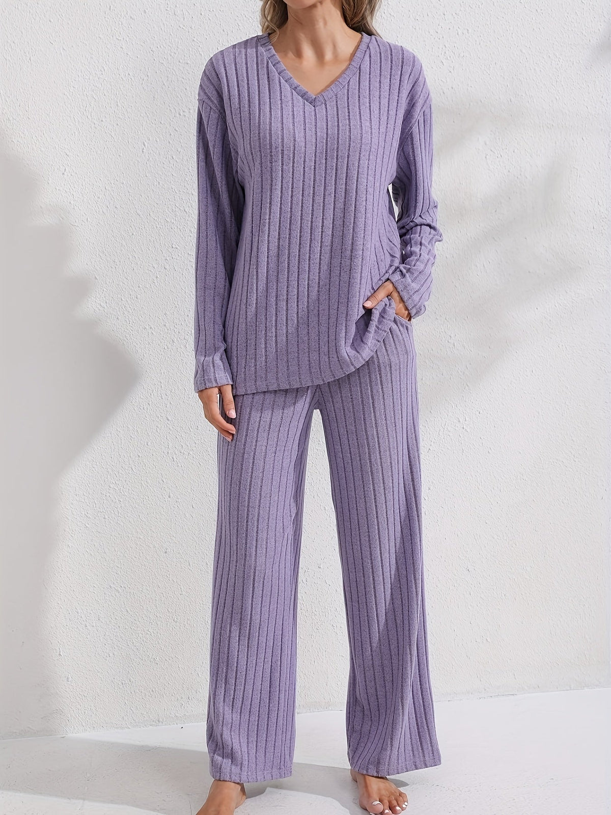 Women's Ribbed V-Neck Top and Relaxed Pants Set