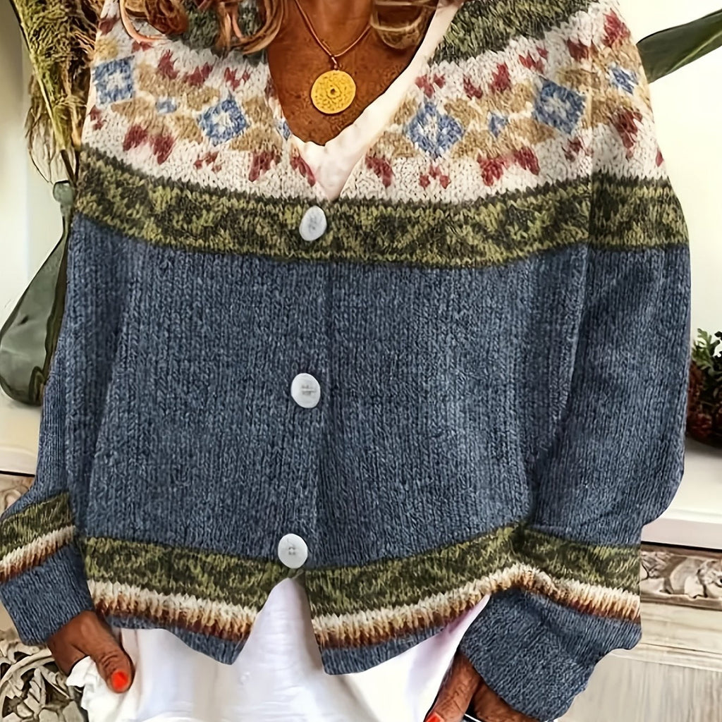 Women's Geometric Yoke Button-Front Cardigan - Navy & Cream