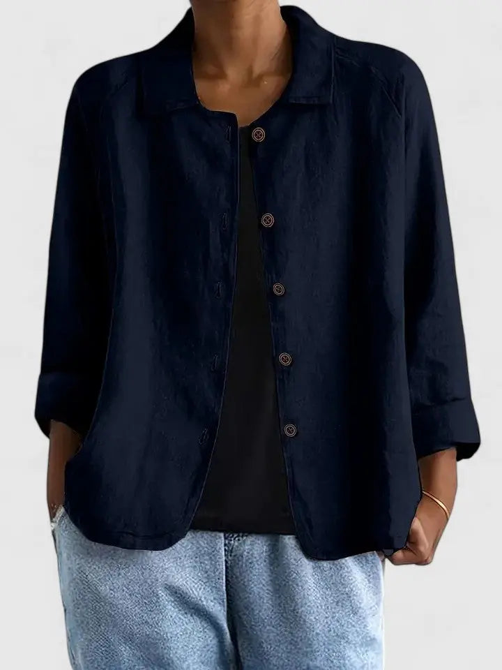Women's Button-Down Cotton Shirt Jacket - Navy Blue