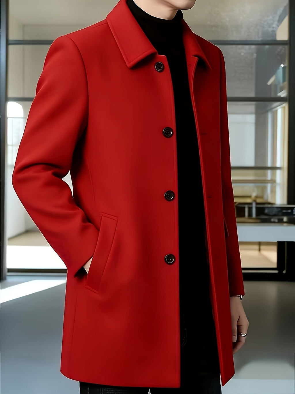 Men's Refined Single-Breasted Overcoat with Side Pockets