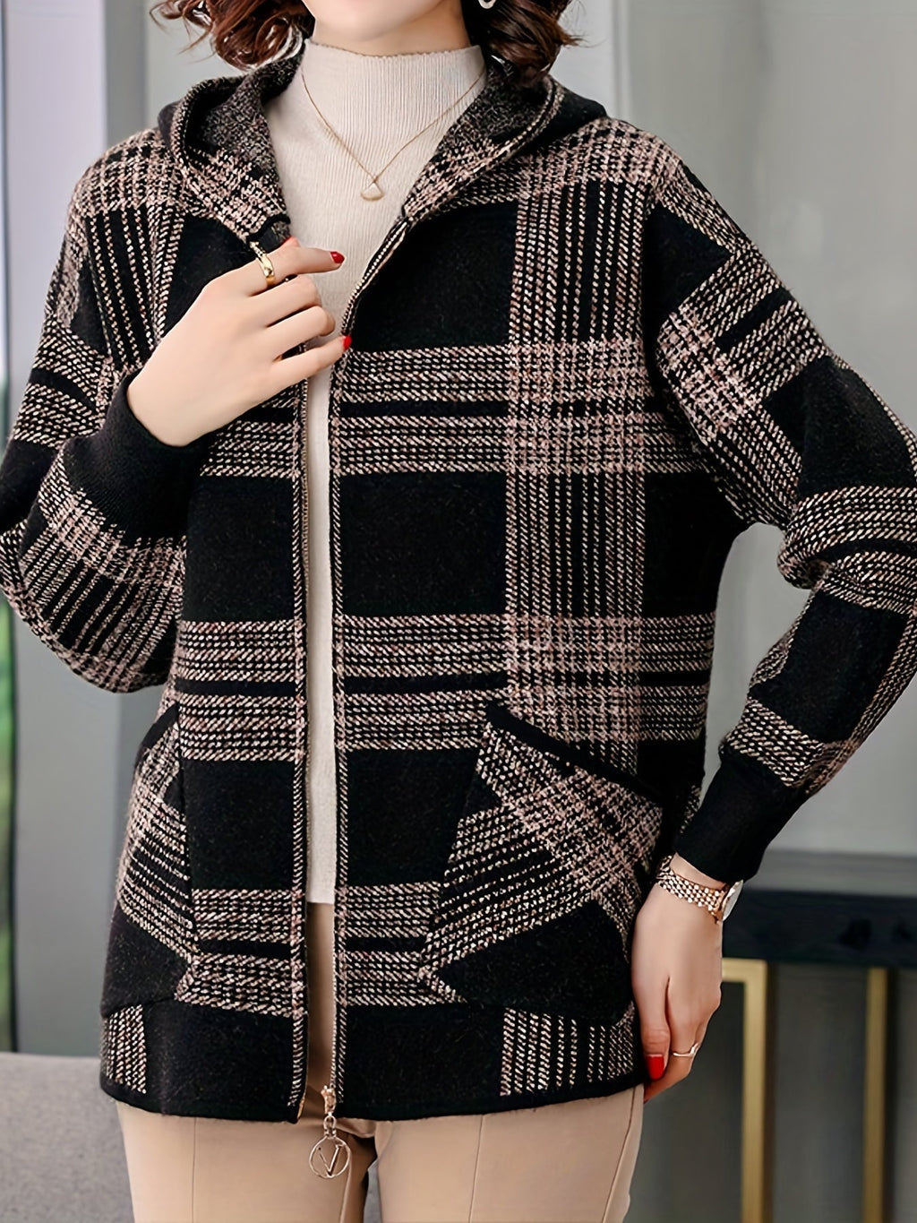 Women's Loose Fit Check Pattern Hooded Zip Jacket