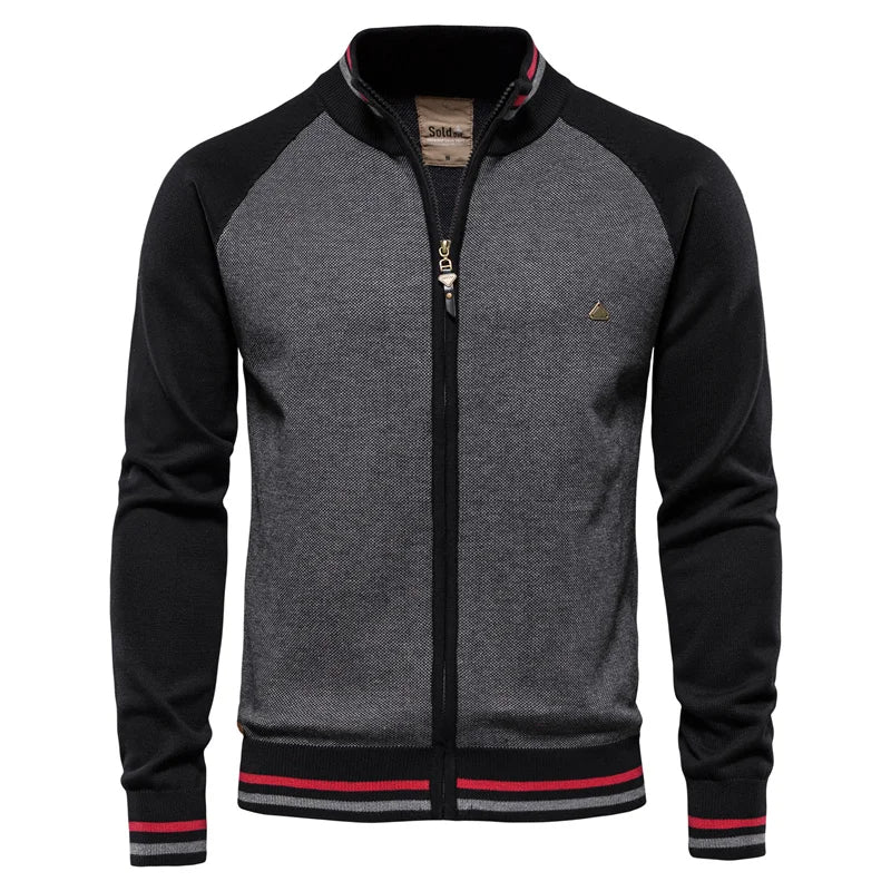 Men's Cotton Stand Collar Zip-Up Knit Cardigan - Black