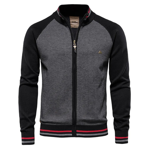 Men's Cotton Stand Collar Zip-Up Knit Cardigan - Black