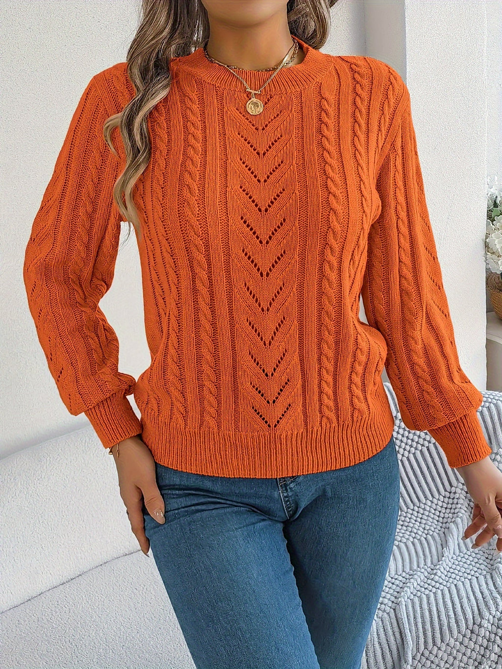 Women's Cable-Knit Openwork Round-Neck Sweater