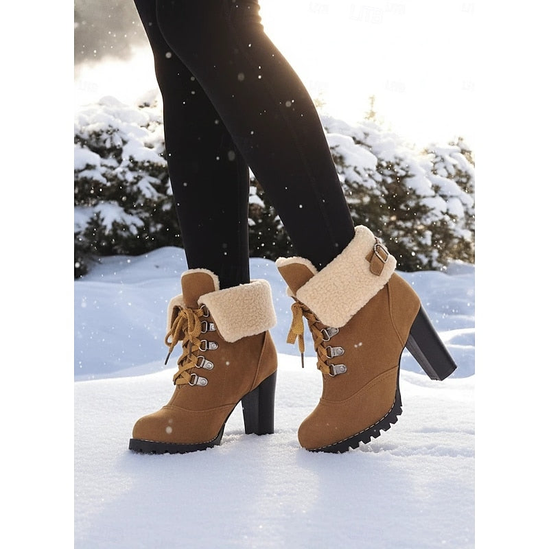 Women's Plush-Lined Lace-Up Winter Boots with Chunky Heel - Black