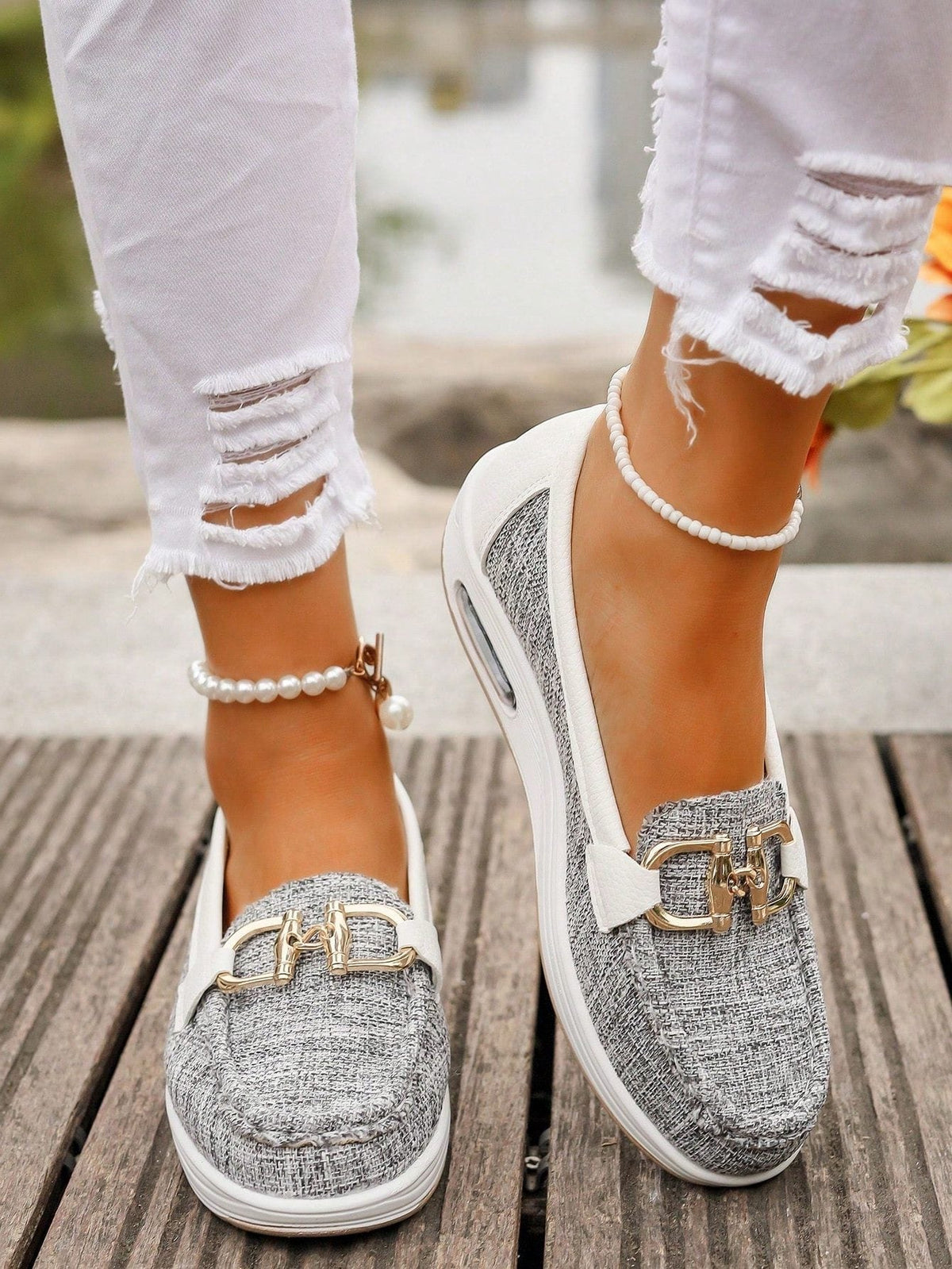 Women's Chunky Suede Loafers with Metal Bar - Gray