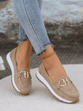 Women's Chunky Suede Loafers with Metal Bar - Khaki