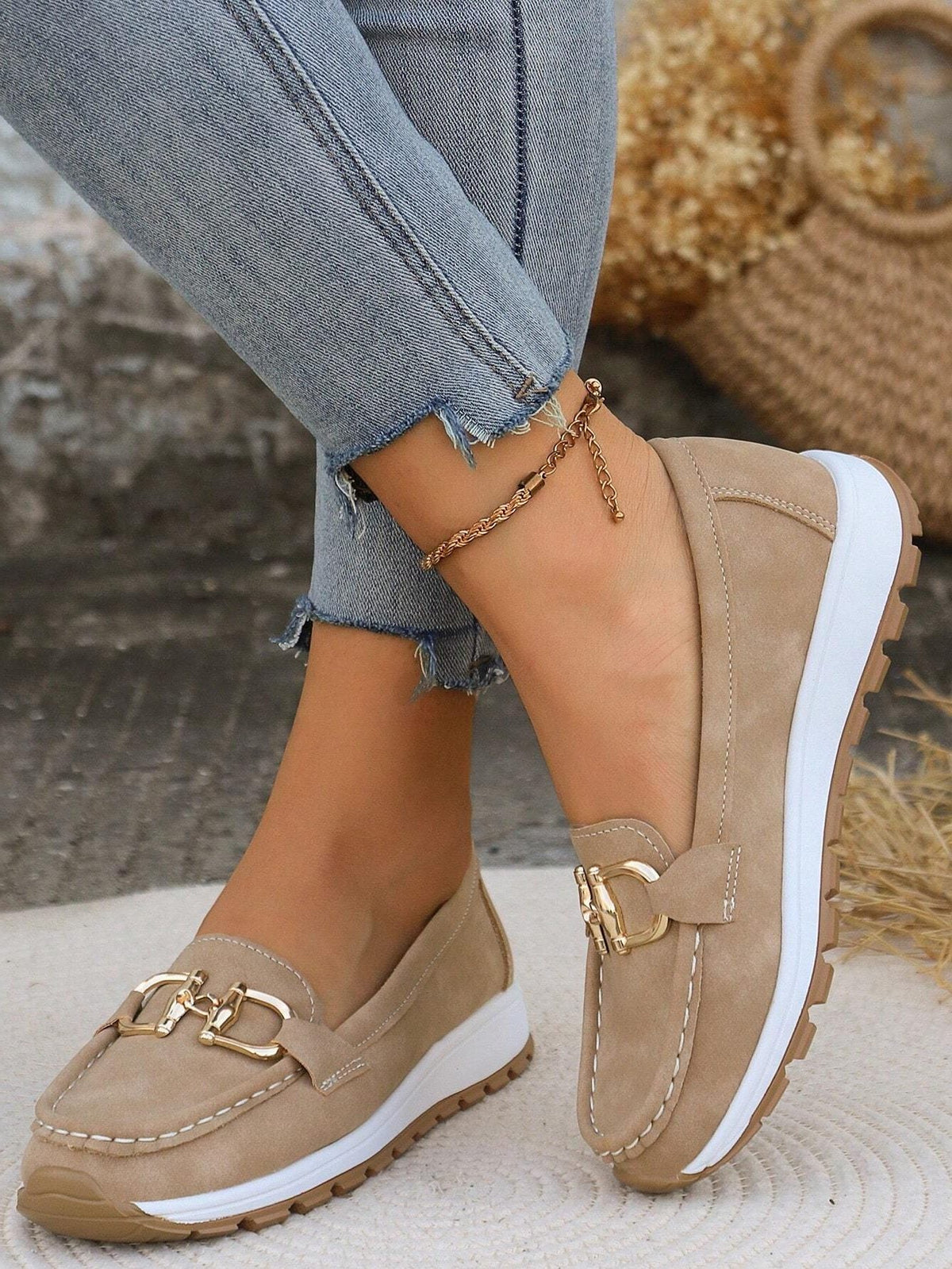 Women's Chunky Suede Loafers with Metal Bar