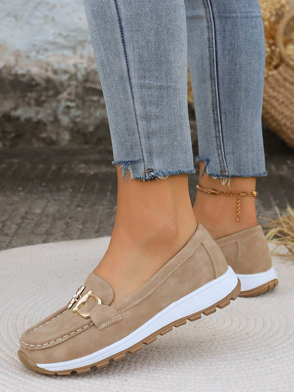 Women's Chunky Suede Loafers with Metal Bar