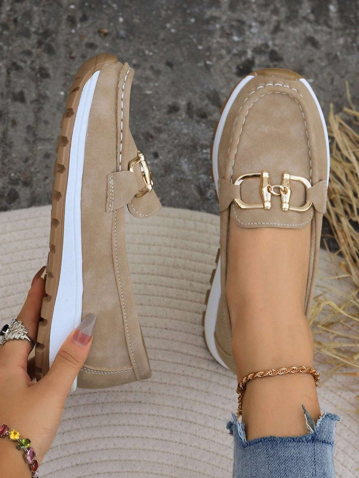Women's Chunky Suede Loafers with Metal Bar