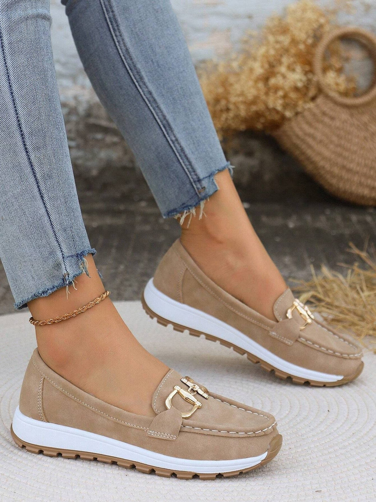 Women's Chunky Suede Loafers with Metal Bar