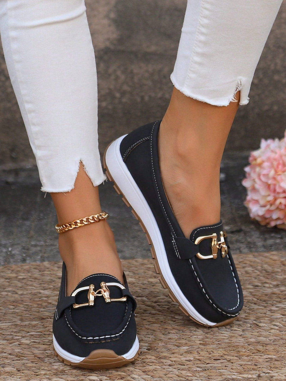 Women's Chunky Suede Loafers with Metal Bar - Black