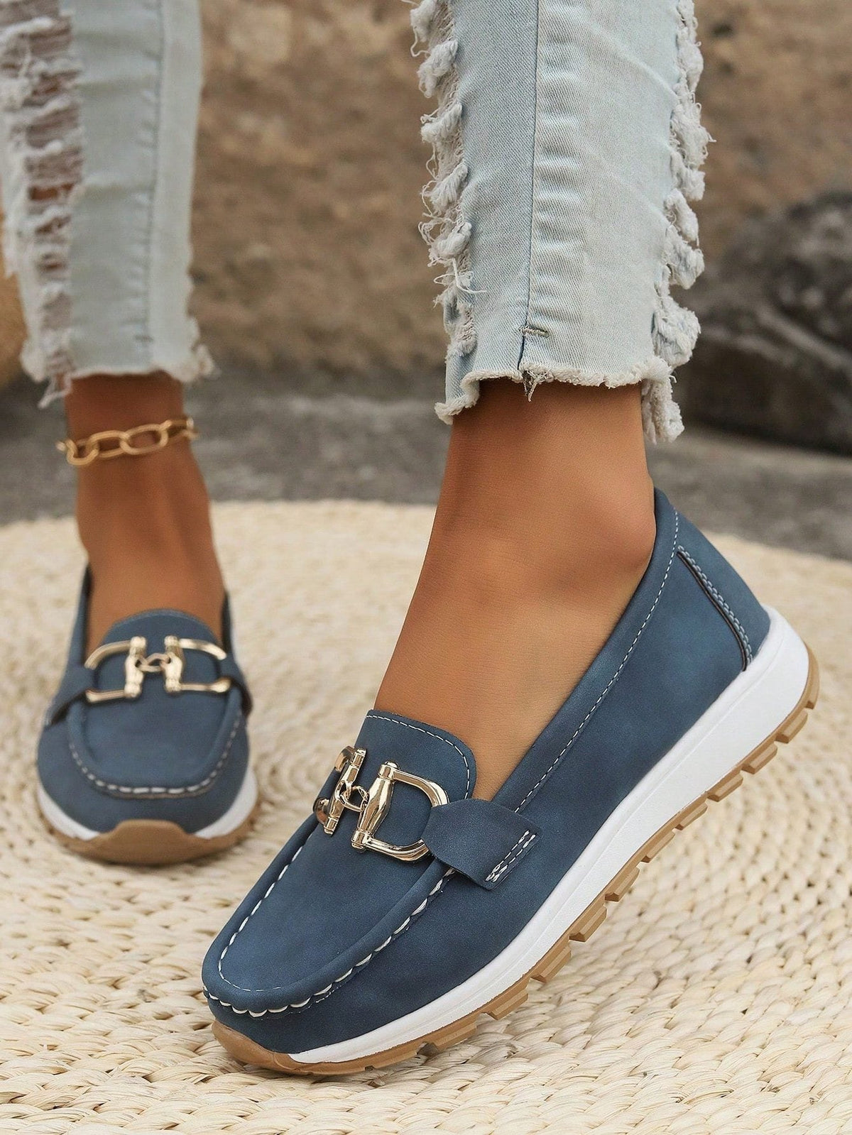 Women's Chunky Suede Loafers with Metal Bar - Marine Blue