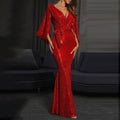 Women's Sequin Wrap V-Neck Maxi Gown with Flutter Sleeves - Red