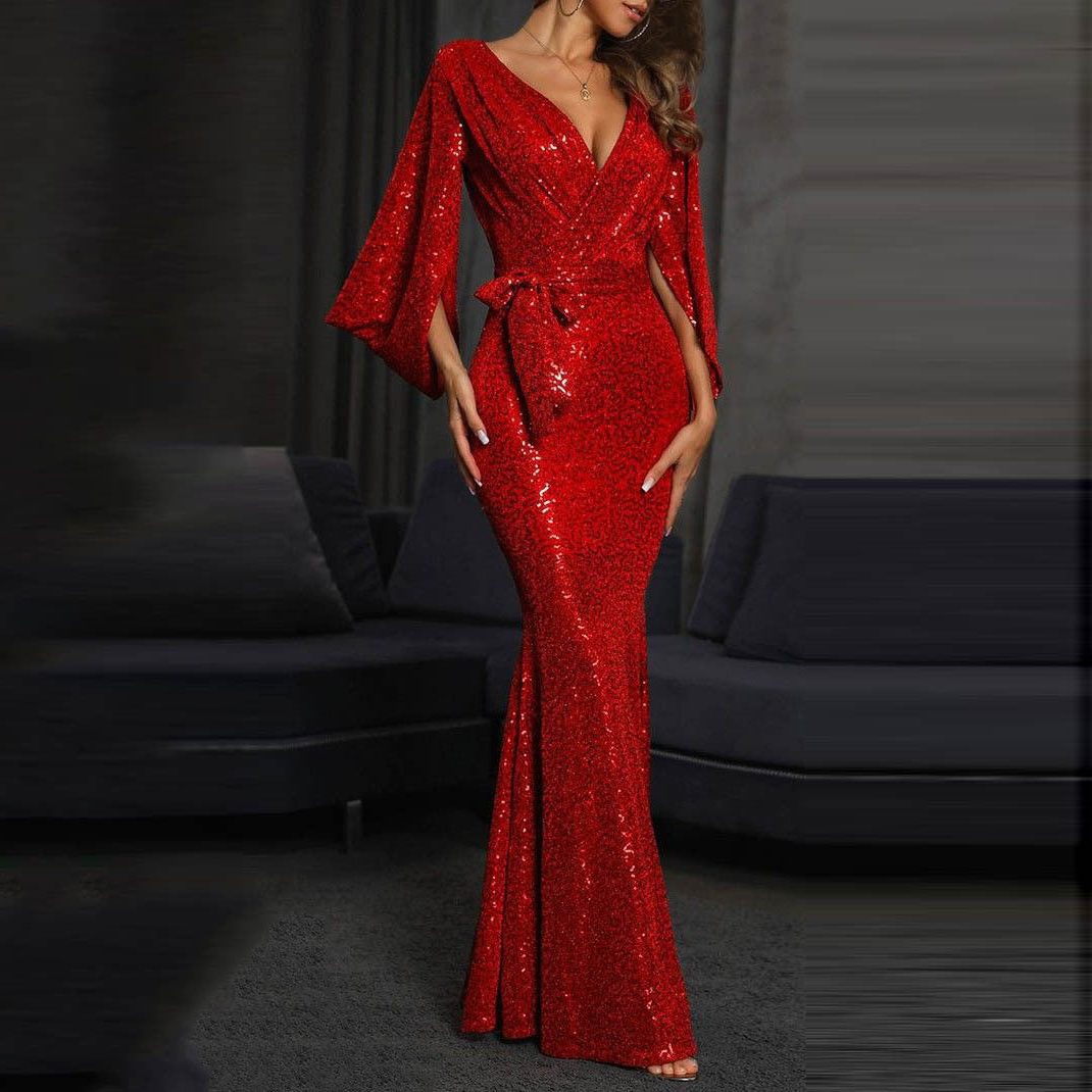 Women's Sequin Wrap V-Neck Maxi Gown with Flutter Sleeves - Red