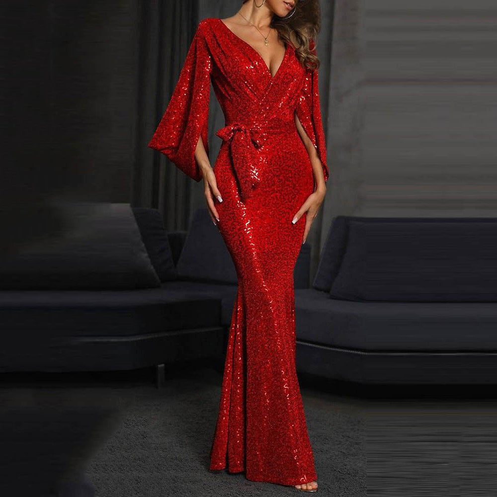 Women's Sequin Wrap V-Neck Maxi Gown with Flutter Sleeves
