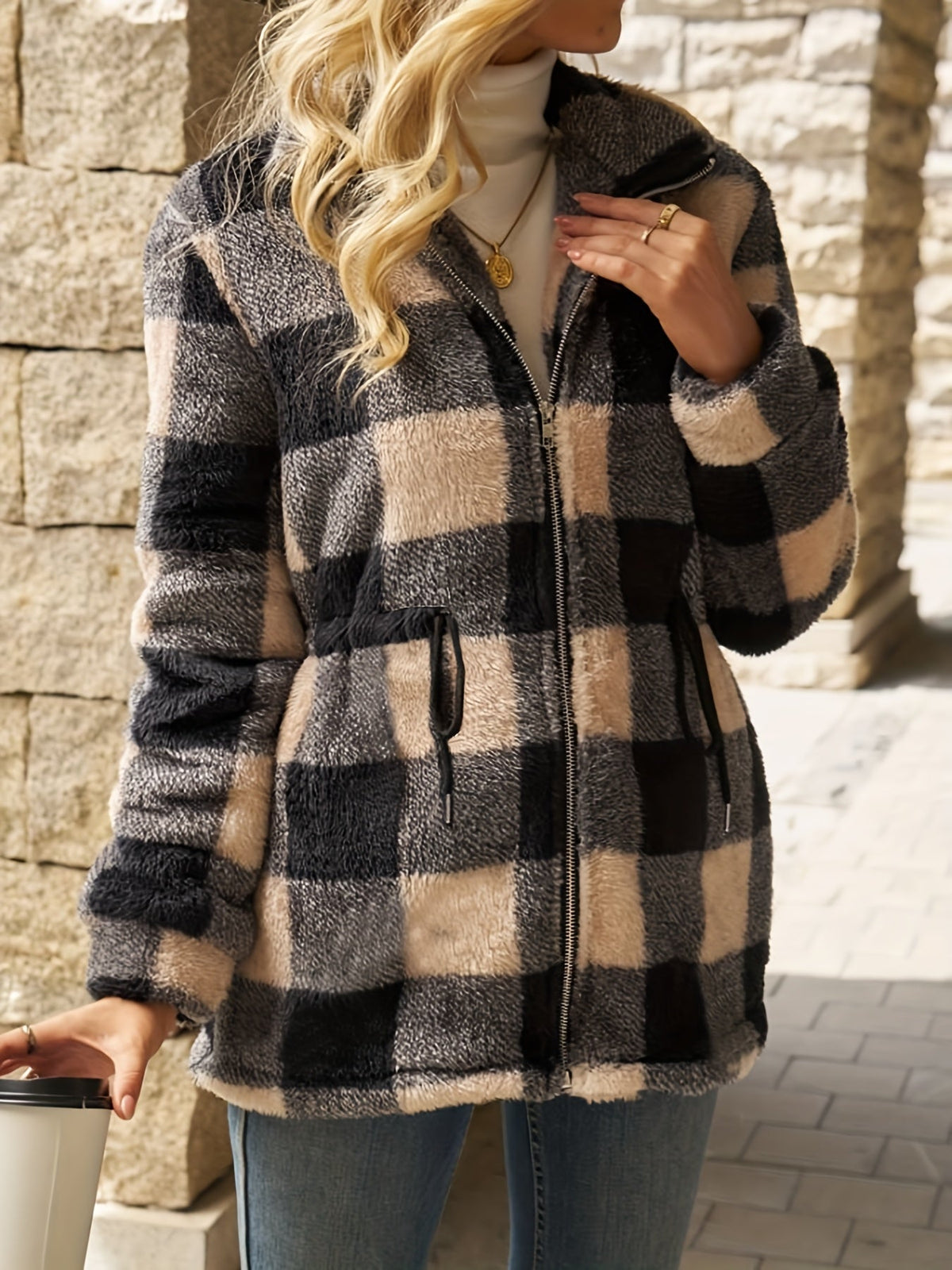 Women's Plush Checked Hooded Zip-Up Jacket