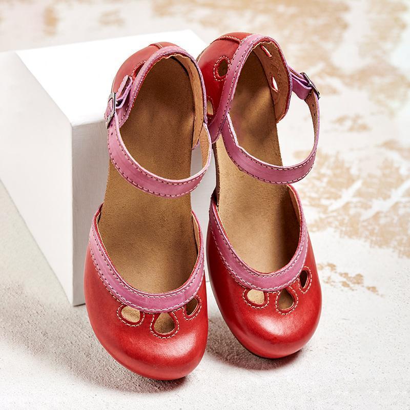 Women's Color-Block Ankle Strap Mary Jane Flats - Red