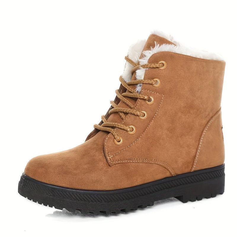 Women's Plush-Lined Lace-Up Winter Ankle Boots - Sepia