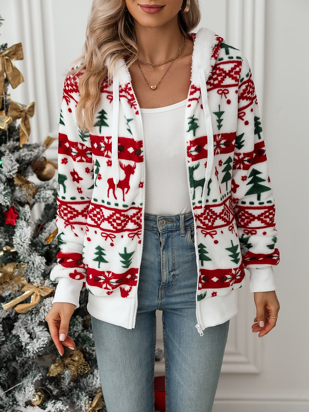 Women's Hooded Zip-Up Christmas Print Cardigan with Pockets