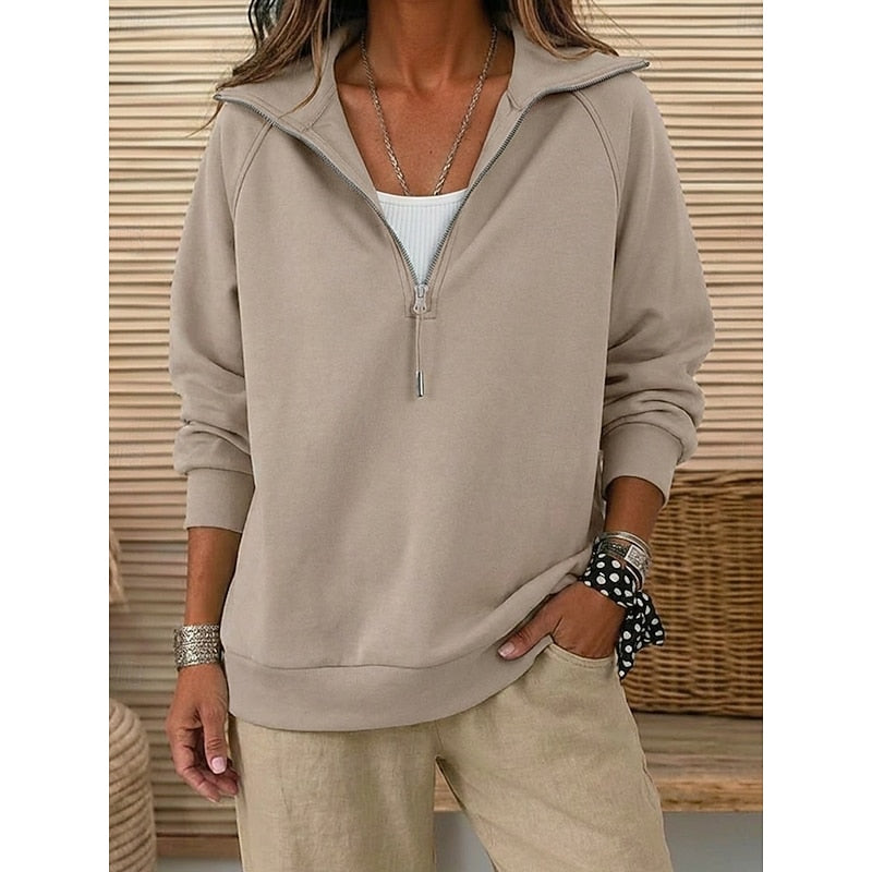 Women's Relaxed Quarter-Zip Pullover with Stand-Up Collar - Khaki