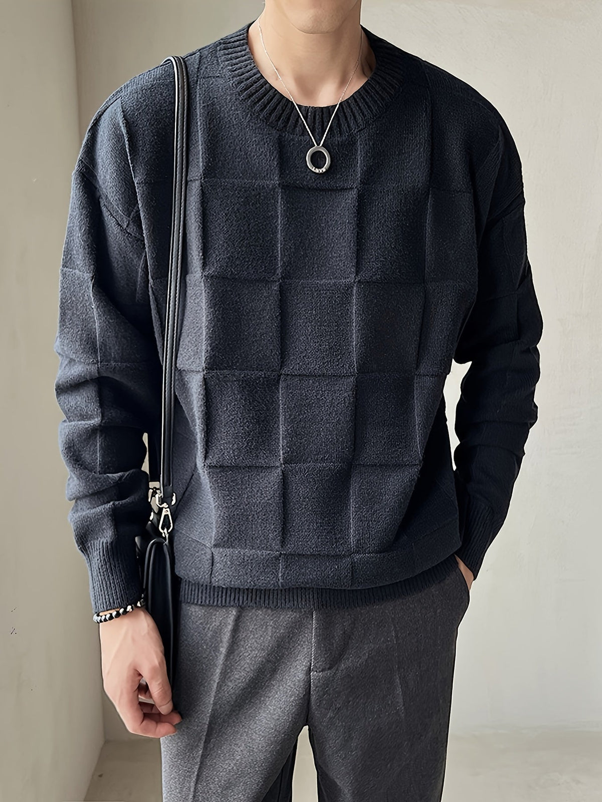Women's Textured Checkerboard Crewneck Sweater