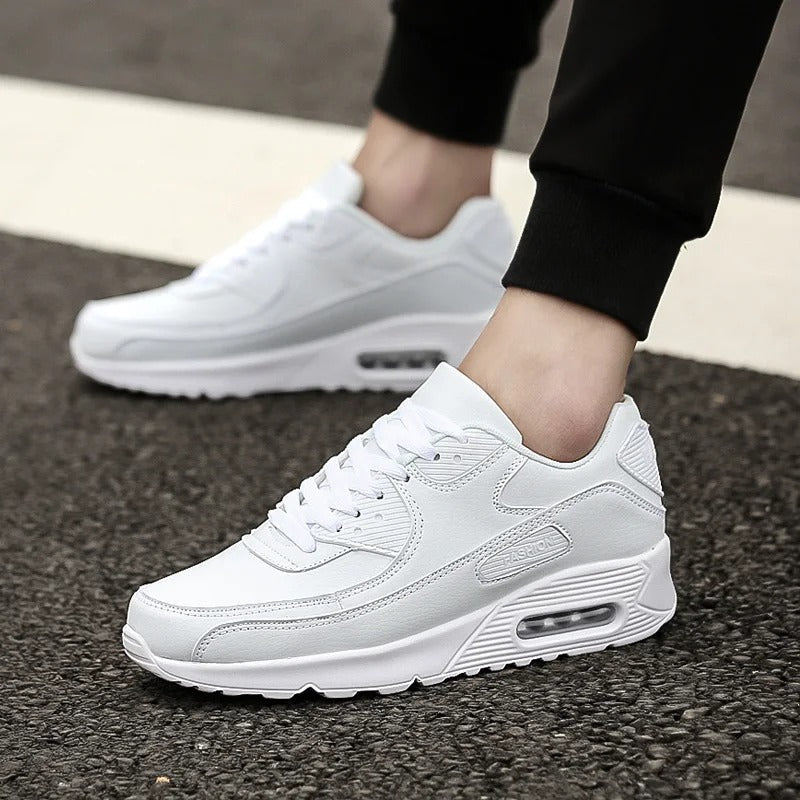 Men's Leather Trainers with Cushioned Sole - White
