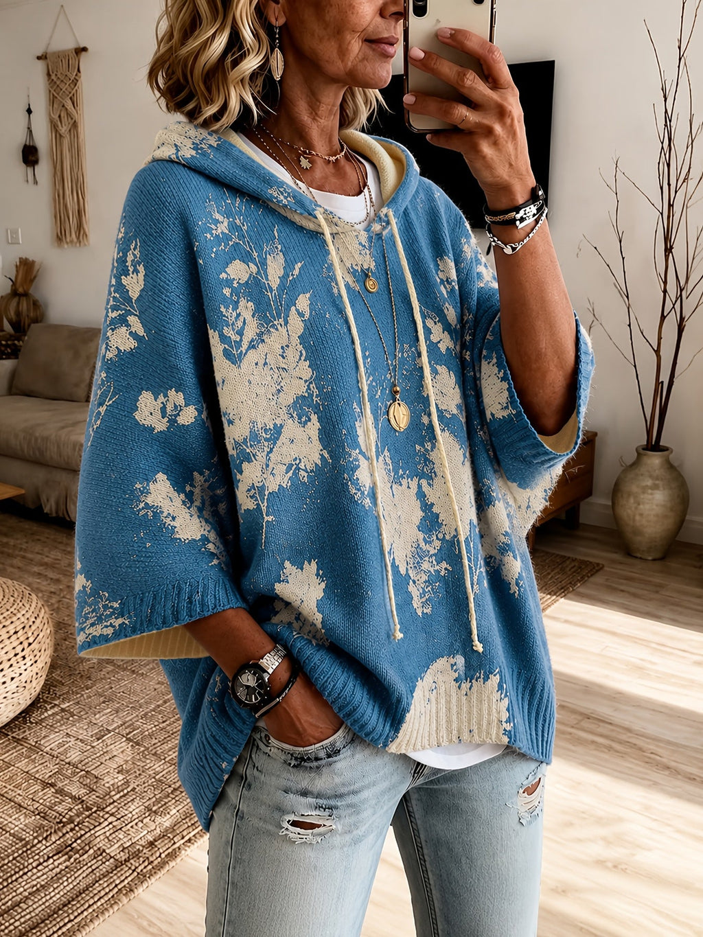 Women's Hooded Floral Cape Sweater with Drawstring