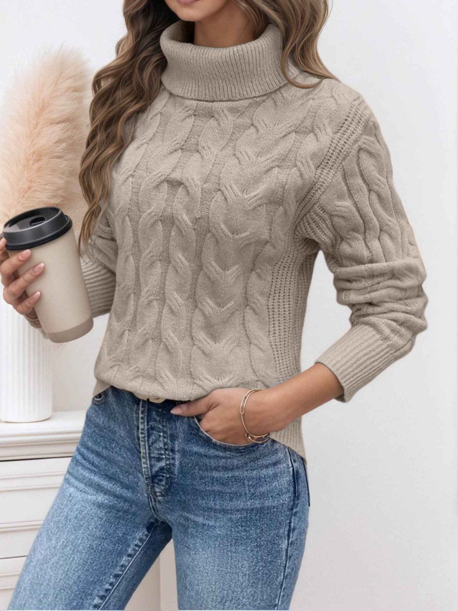 Women's Cable-Knit Turtleneck Sweater - Light Blue