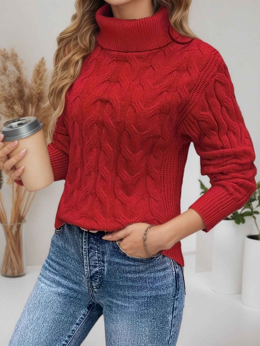 Women's Cable-Knit Turtleneck Sweater - Red