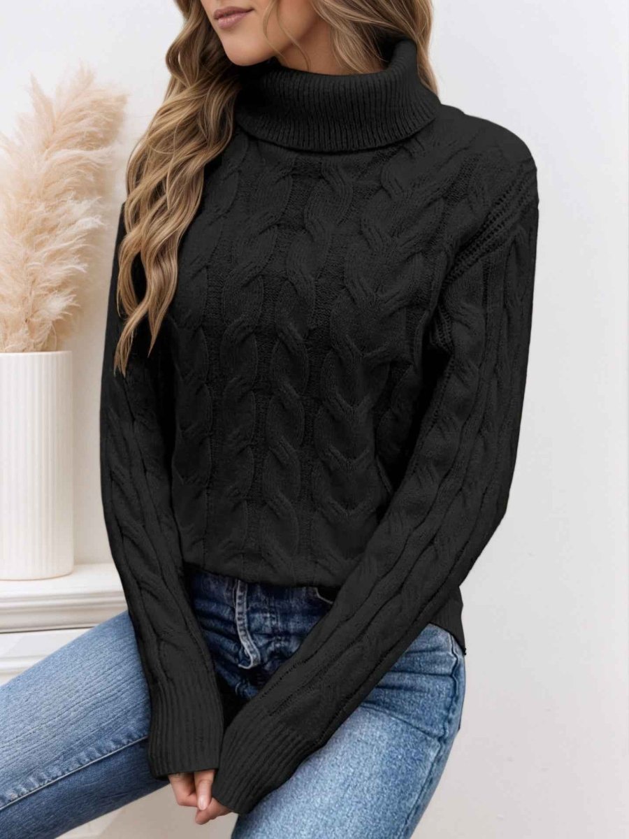 Women's Cable-Knit Turtleneck Sweater - Black