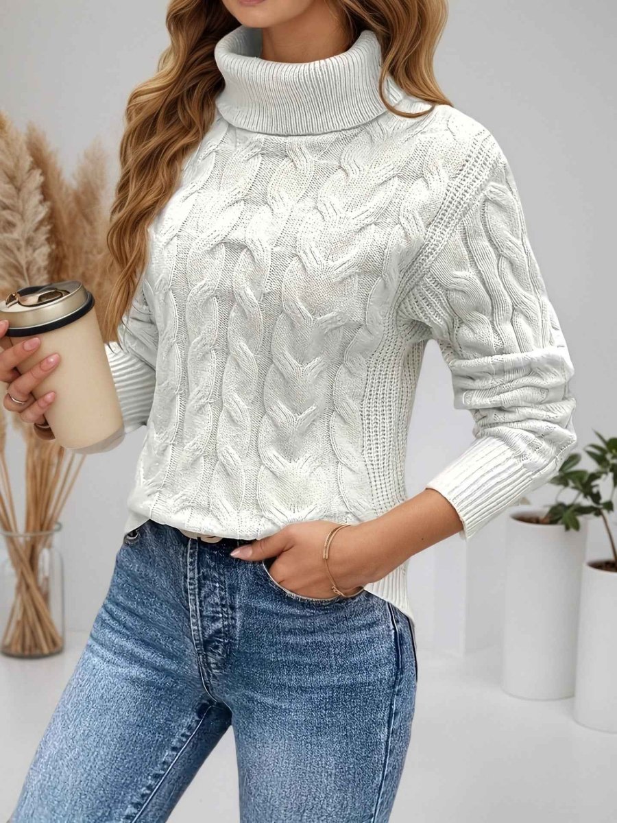 Women's Cable-Knit Turtleneck Sweater - White