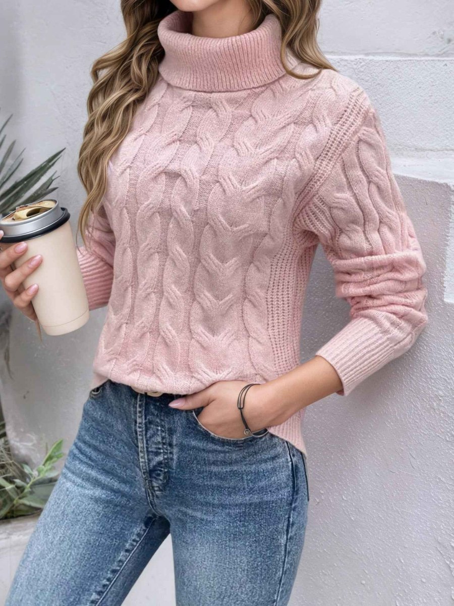 Women's Cable-Knit Turtleneck Sweater - Light Pink