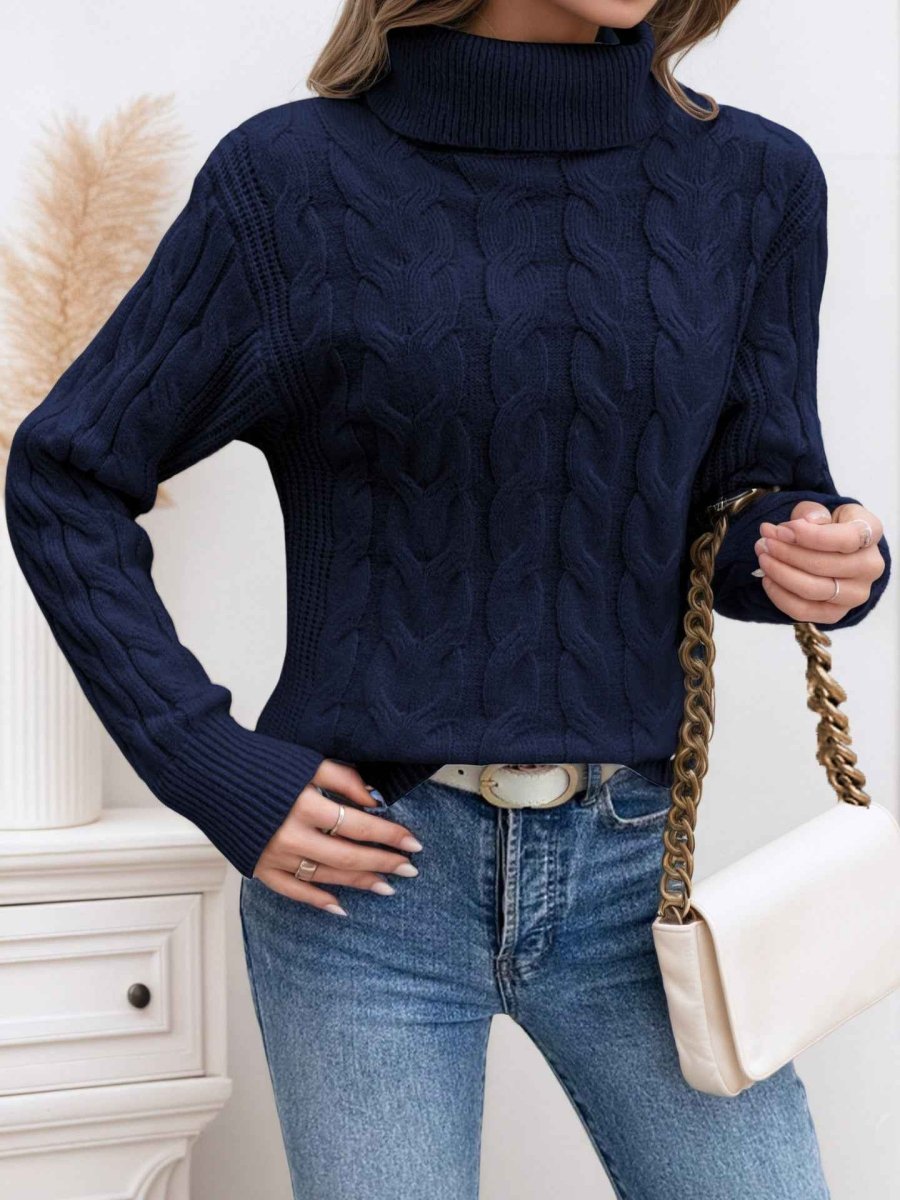 Women's Cable-Knit Turtleneck Sweater - Navy Blue