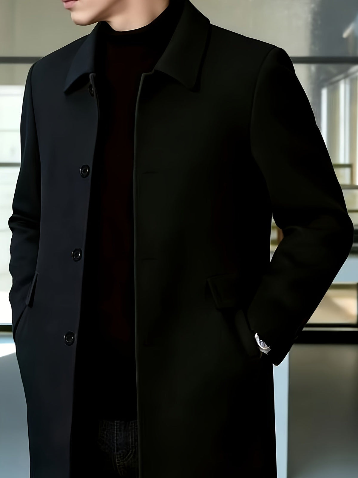 Men's Refined Single-Breasted Overcoat with Side Pockets