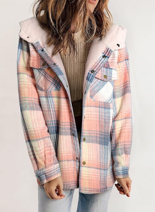 Women's Plaid Flannel Shirt Jacket with Sherpa Collar - Precious Pink