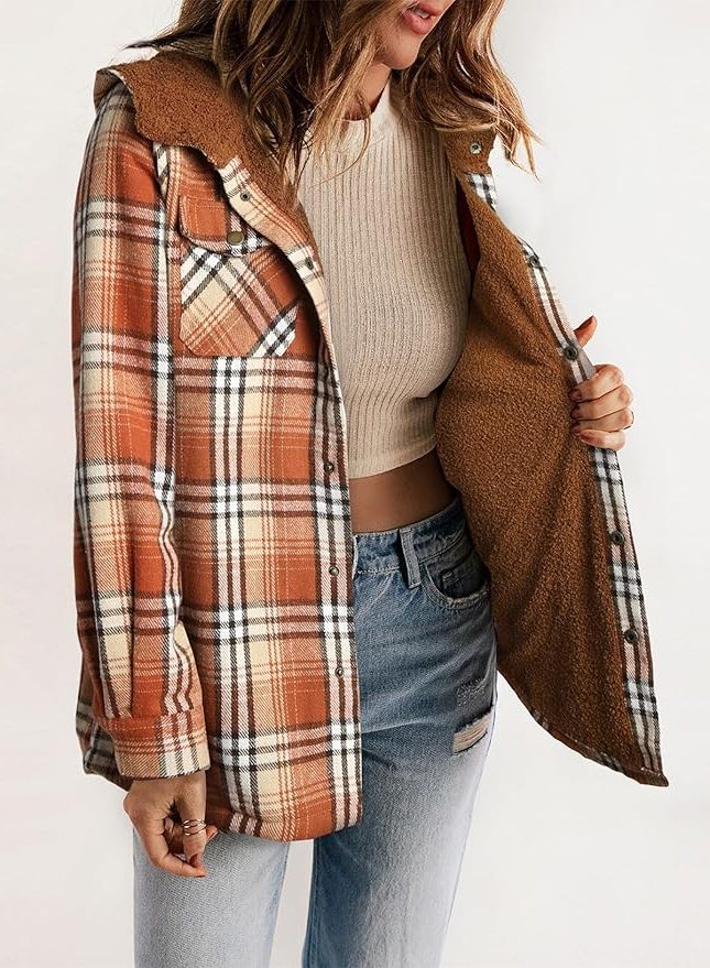Women's Plaid Flannel Shirt Jacket with Sherpa Collar - Opulence Orange