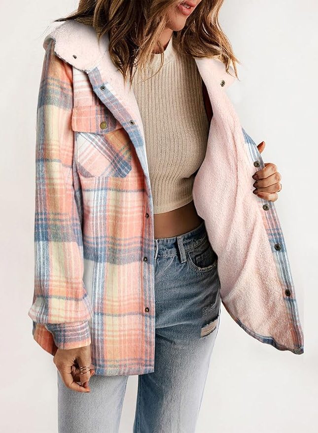Women's Plaid Flannel Shirt Jacket with Sherpa Collar