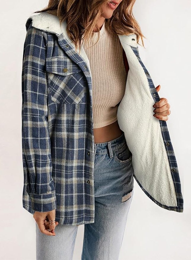 Women's Plaid Flannel Shirt Jacket with Sherpa Collar