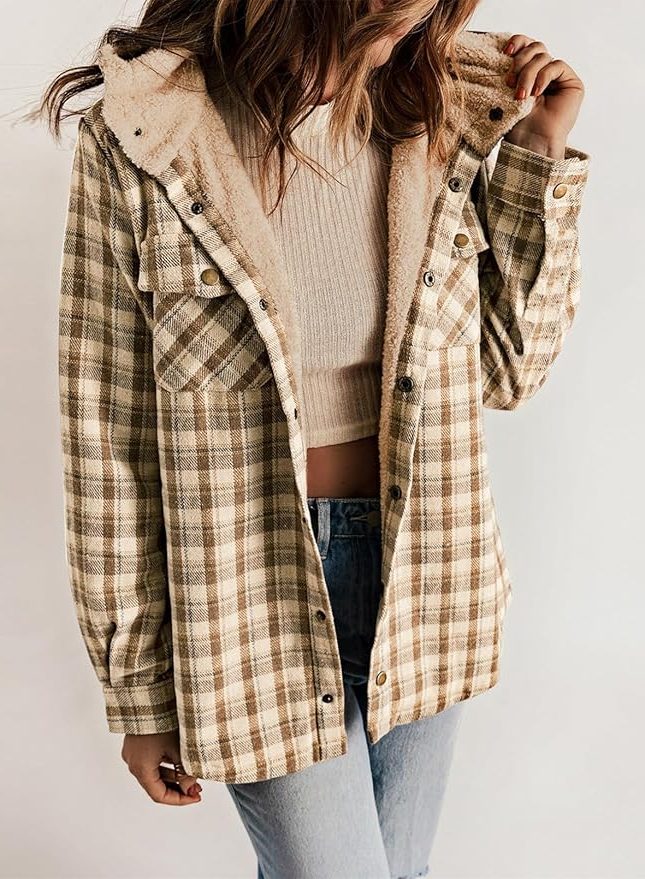 Women's Plaid Flannel Shirt Jacket with Sherpa Collar