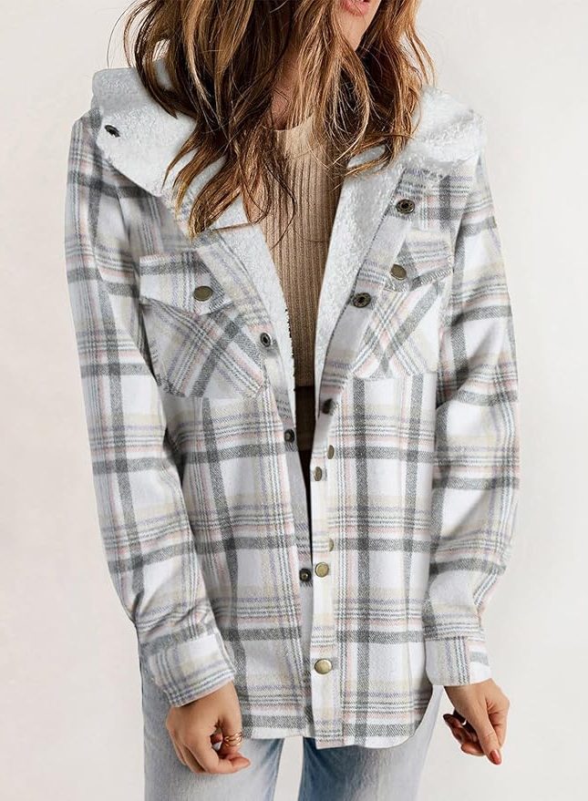 Women's Plaid Flannel Shirt Jacket with Sherpa Collar