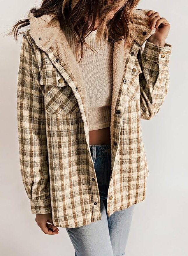 Women's Plaid Flannel Shirt Jacket with Sherpa Collar - Cozy Brown