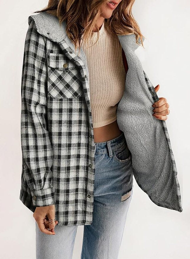 Women's Plaid Flannel Shirt Jacket with Sherpa Collar - Blackout White