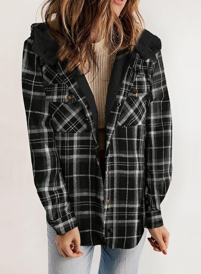 Women's Plaid Flannel Shirt Jacket with Sherpa Collar - Bold Black