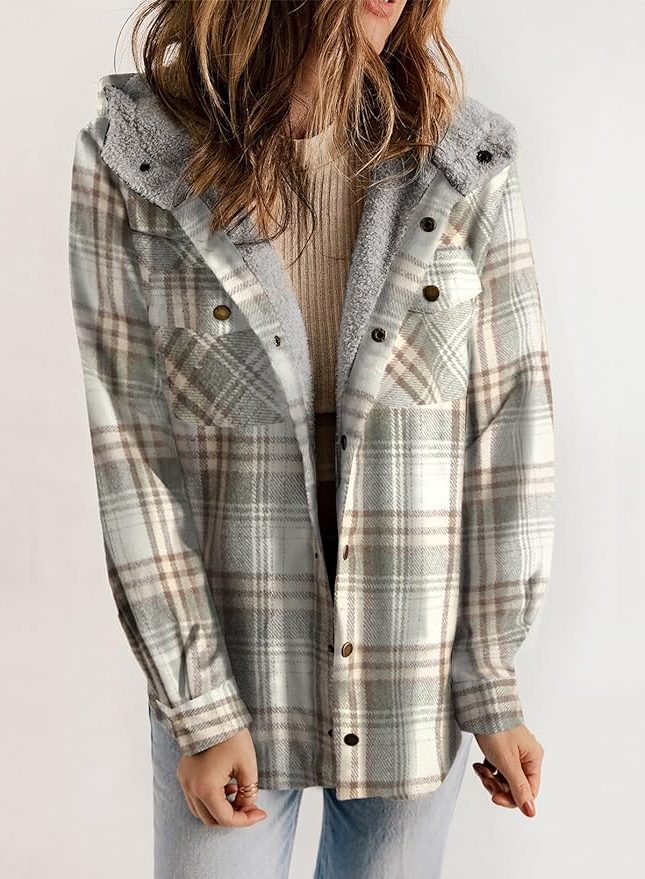 Women's Plaid Flannel Shirt Jacket with Sherpa Collar - Graphite Gray